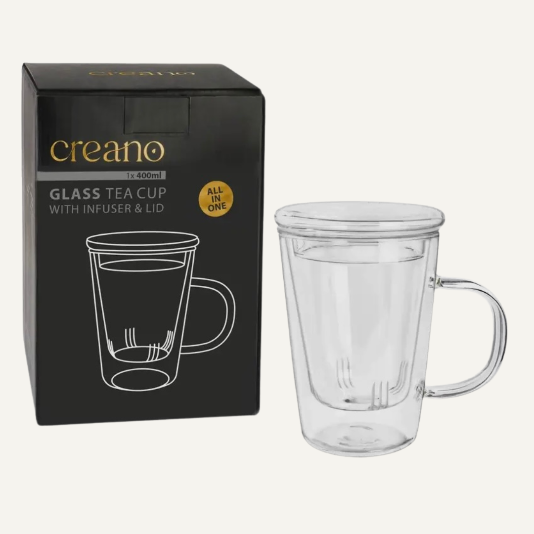 Verre à thé Creano tout en un, avec passoire et couvercle en verre, 450 ml