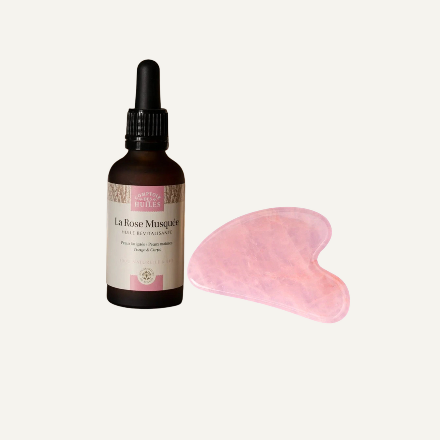 Duo Gua Sha et Huile de rose musquée 50ml Comptoir des Huiles