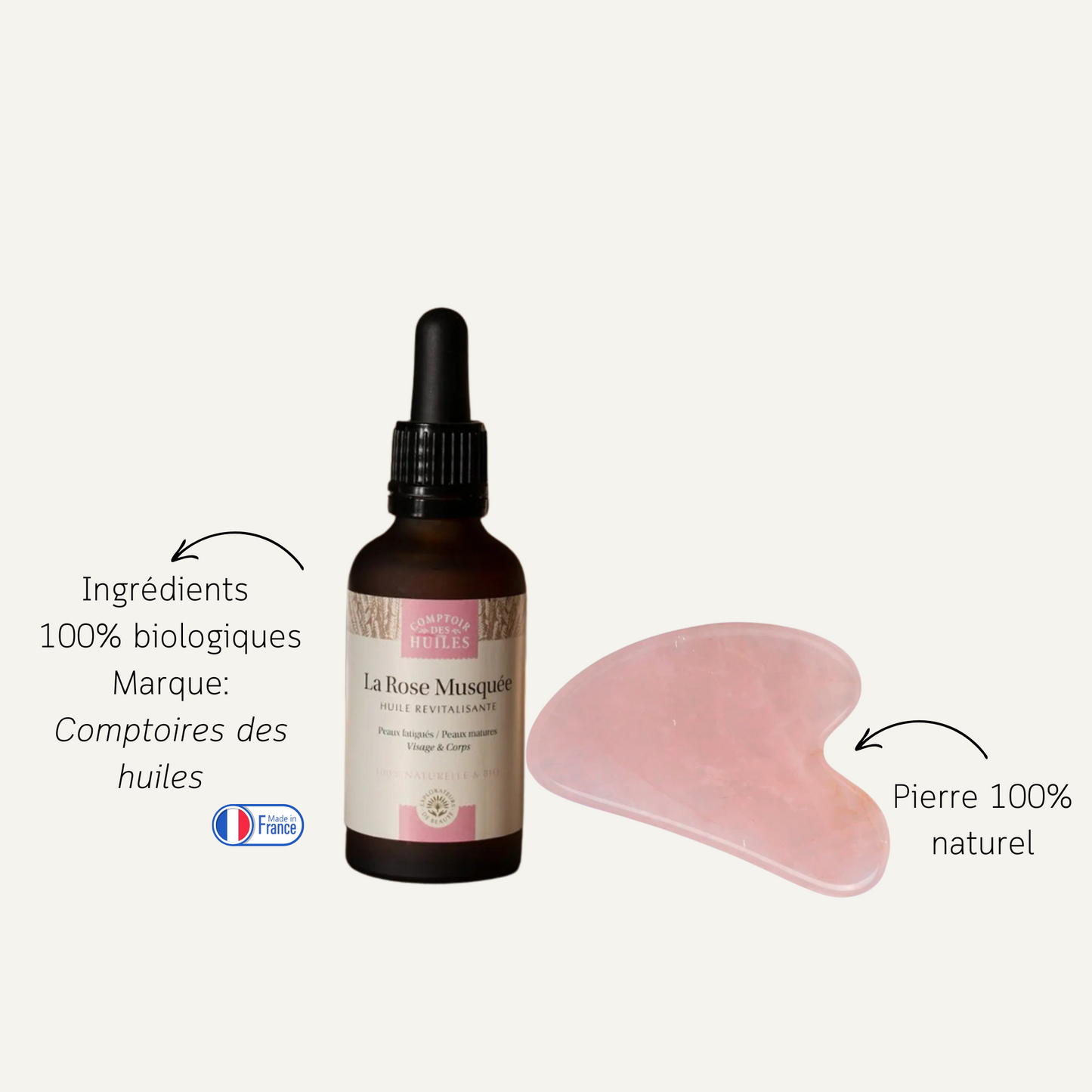Duo Gua Sha et Huile de rose musquée 50ml Comptoir des Huiles
