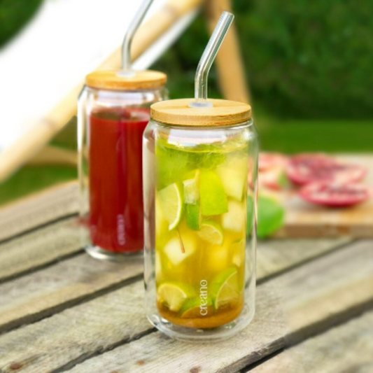 Verre à double paroi avec couvercle en bambou & paille 360ml