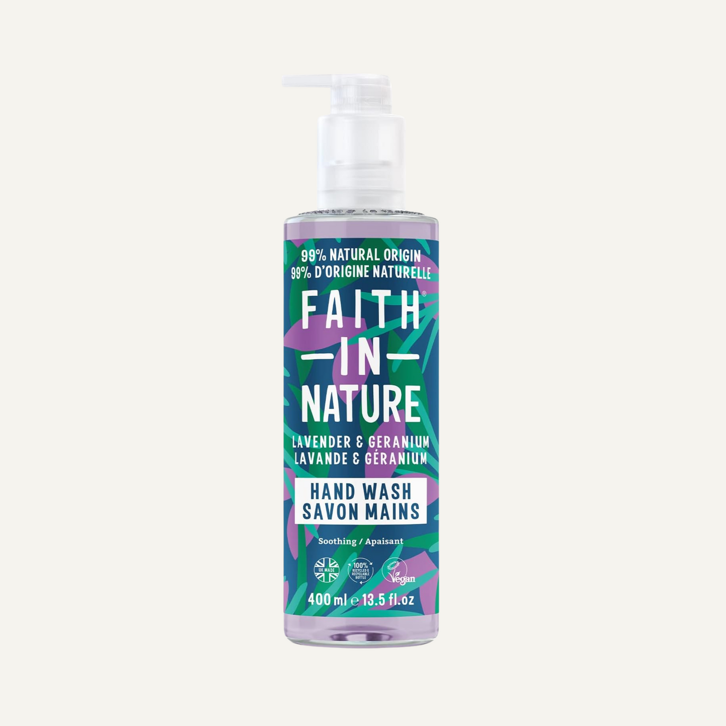 Savon Mains Naturel Lavande & Géranium Faith In Nature, Apaisante, Vegan & Cruelty Free, Sans Parabènes & SLES, 400ml