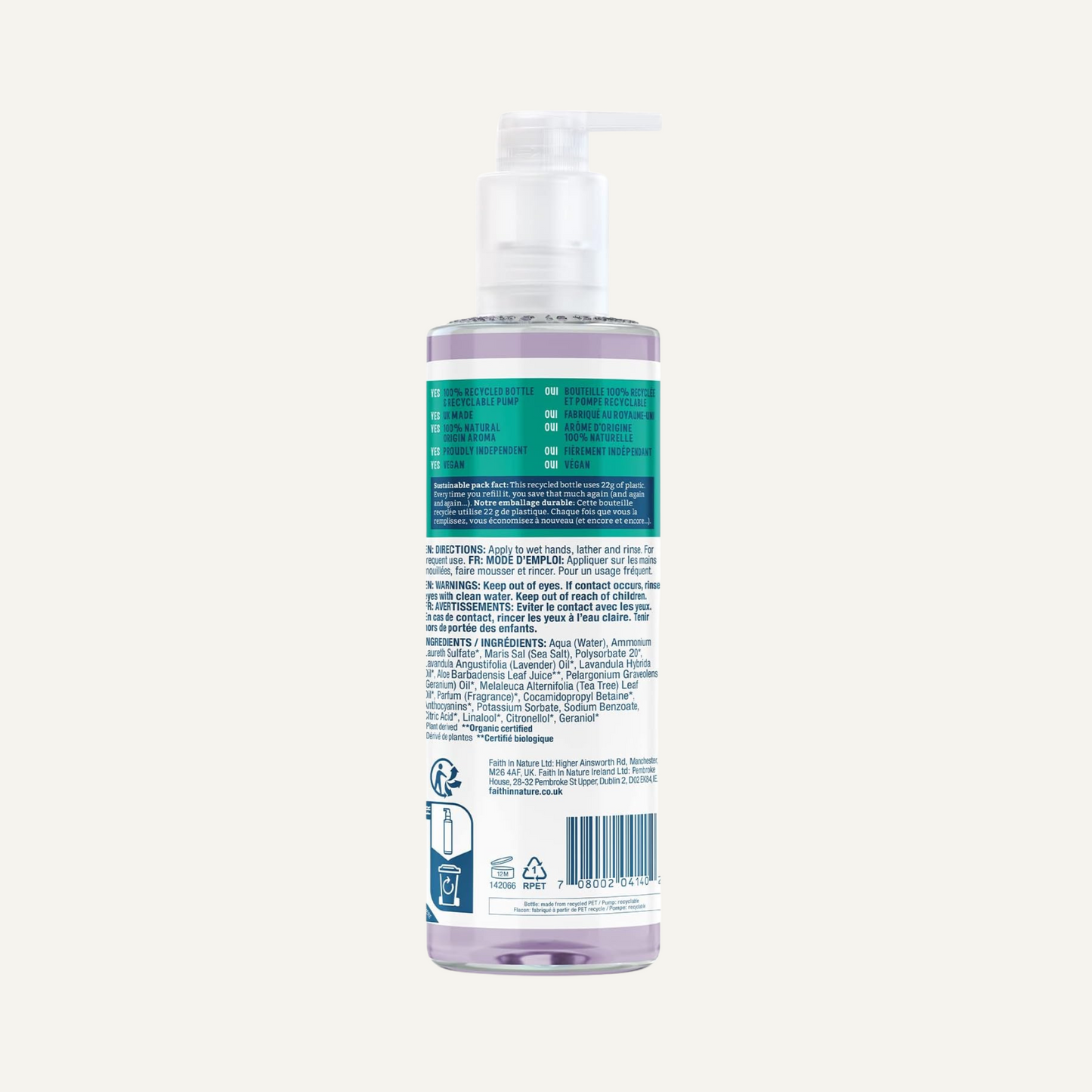 Savon Mains Naturel Lavande & Géranium Faith In Nature, Apaisante, Vegan & Cruelty Free, Sans Parabènes & SLES, 400ml