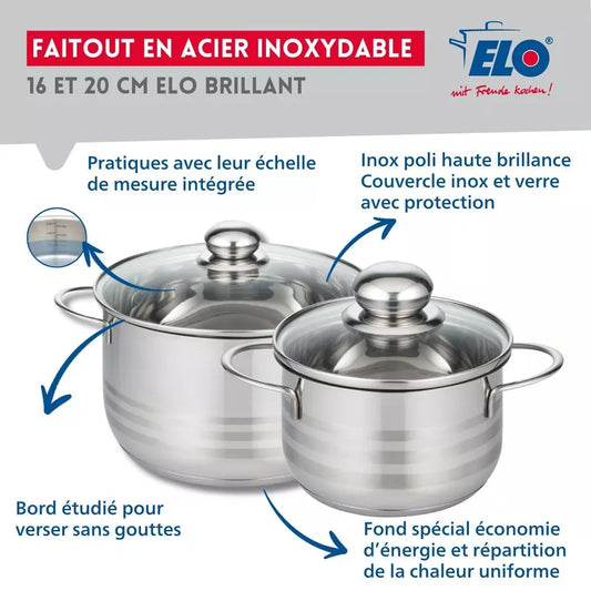 Lot de 2 faitouts en acier inoxydable sans PFAS 16 et 20 cm Elo Brillant