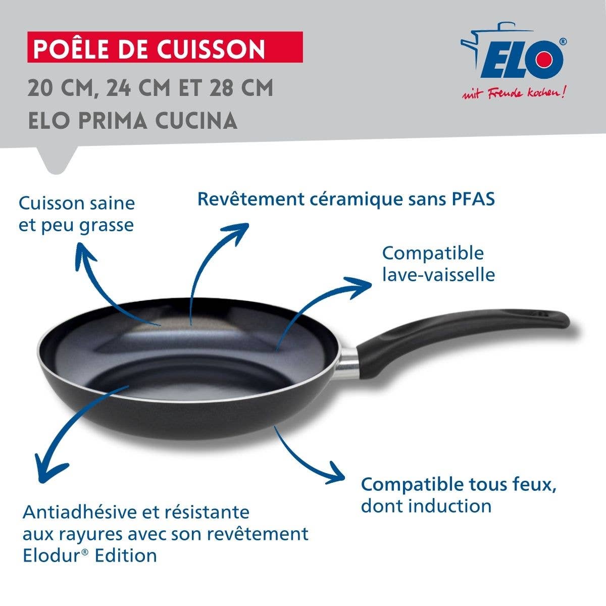 Set de 3 Poêles de cuisson avec revêtement céramique sans PFAS, 24 cm, 28 cm et 32 cm Elo Prima Cucina