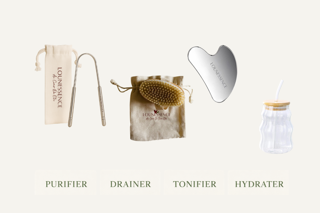 Rituel Détox & Drainage – Gratte-langue, brosse & Gua Sha en inox + verre offert