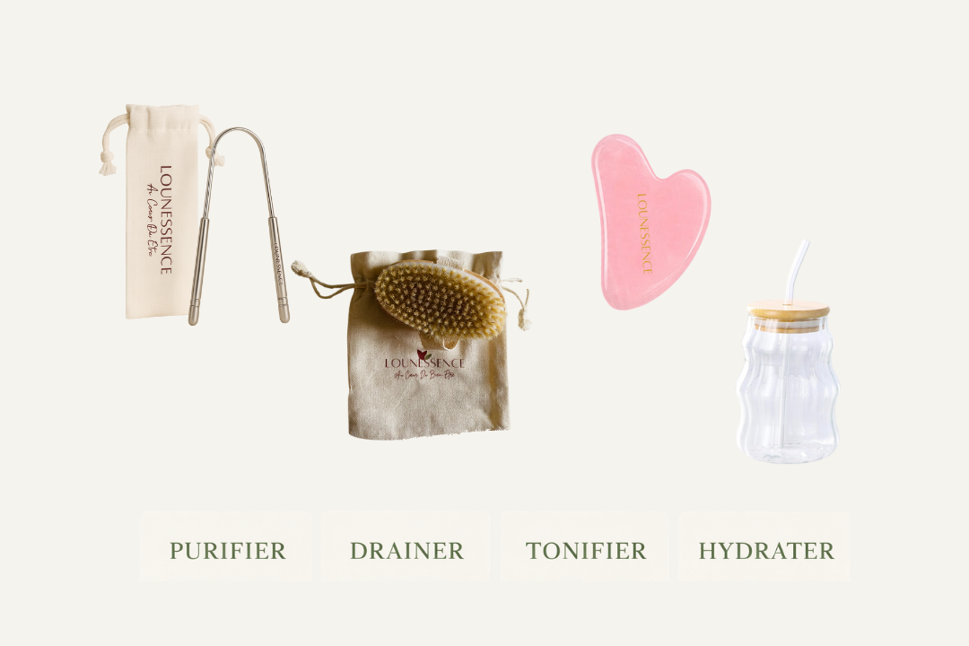 Rituel Détox & Drainage – Gratte-langue, brosse & Gua Sha en quartz rose + verre offert