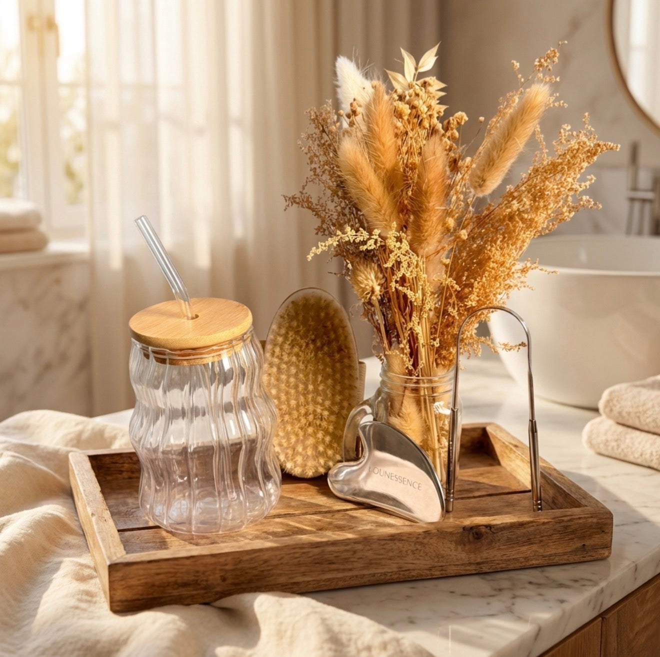 Routine L'Essentiel – Gratte-langue, brosse corps & Gua Sha en inox + verre offert