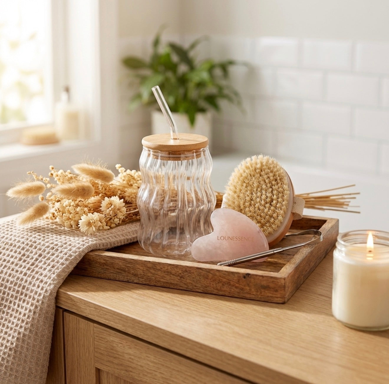 Routine L'Essentiel – Gratte-langue, brosse corps & Gua Sha en quartz rose + verre offert