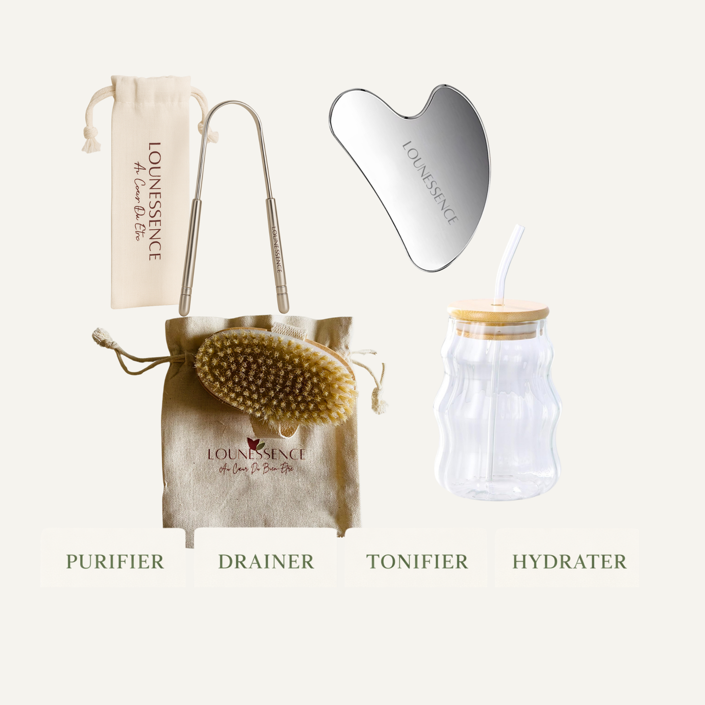 Rituel Détox & Drainage – Gratte-langue, brosse & Gua Sha en inox + verre offert