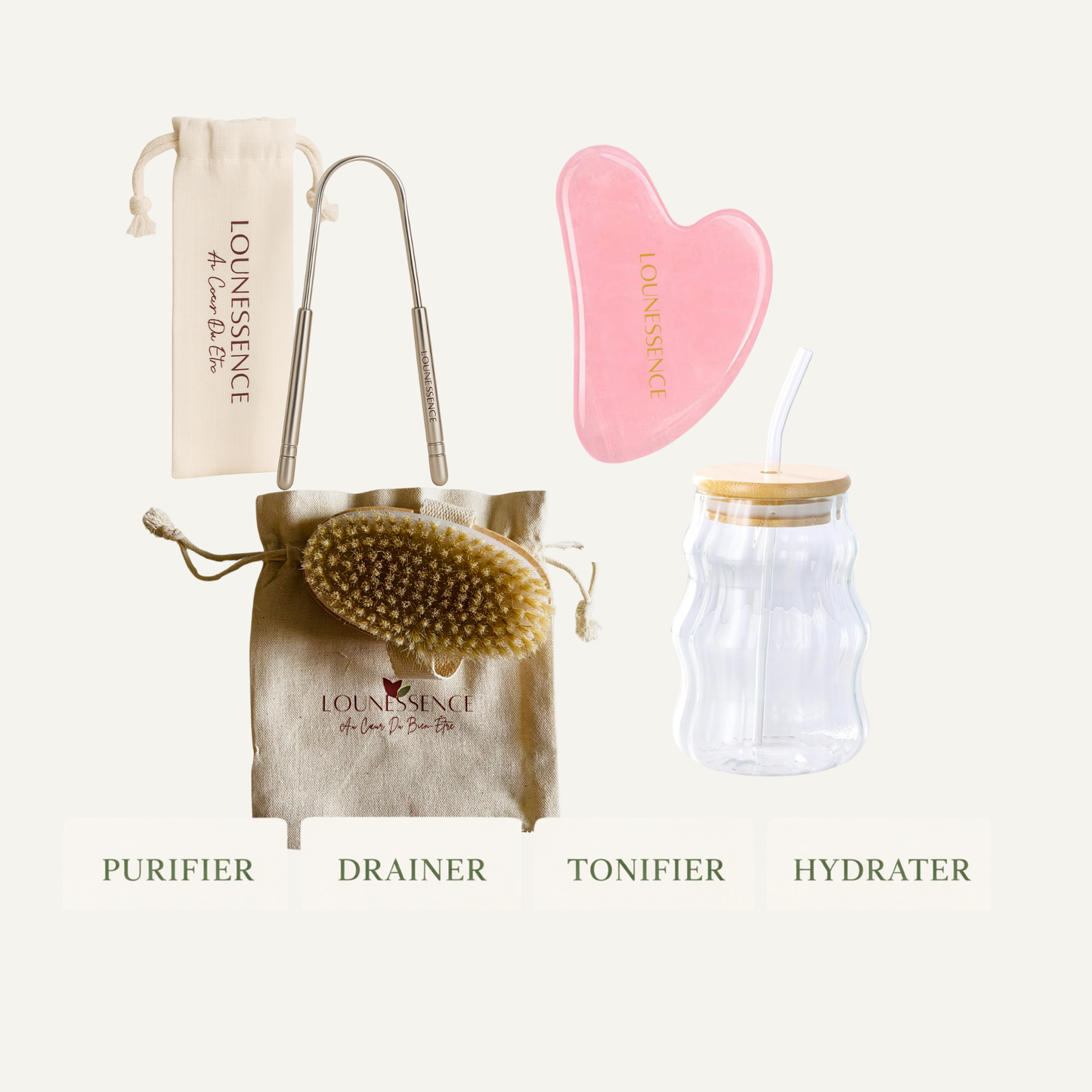 Rituel Détox & Drainage – Gratte-langue, brosse & Gua Sha en quartz rose + verre offert
