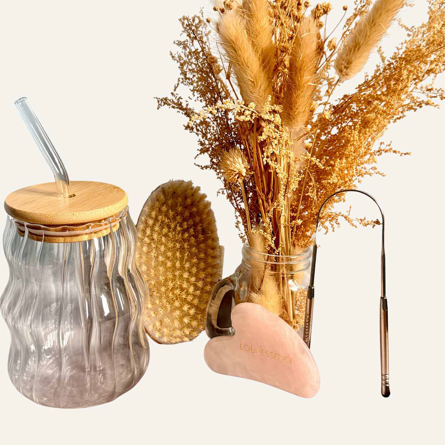 Rituel Détox & Drainage – Gratte-langue, brosse & Gua Sha en quartz rose + verre offert