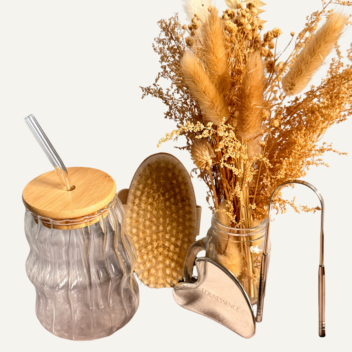 Rituel Détox & Drainage – Gratte-langue, brosse & Gua Sha en inox + verre offert